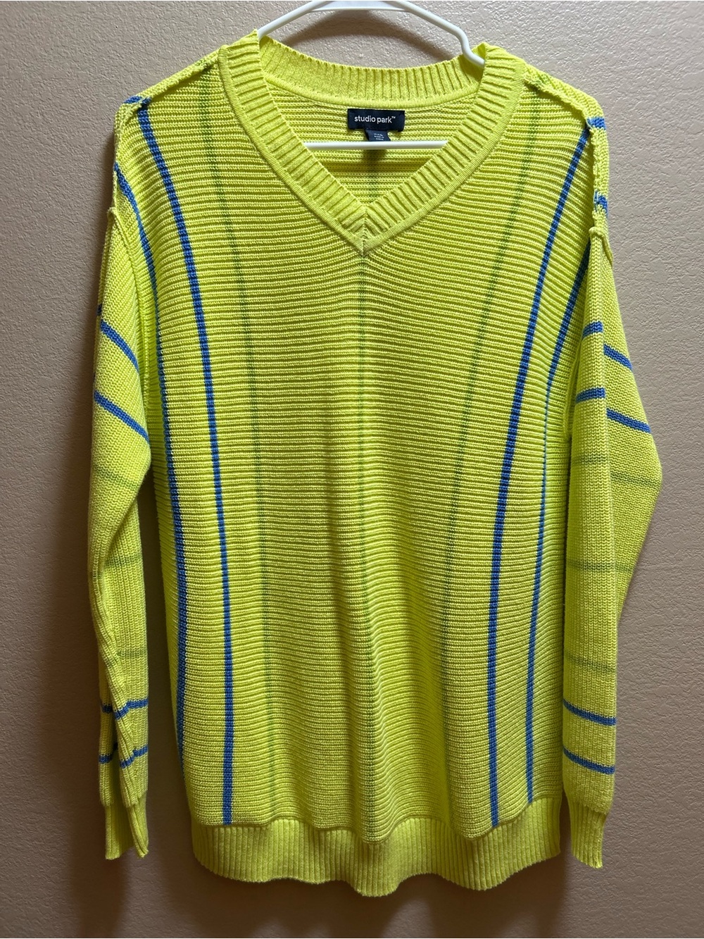Studio Park Neon Yellow V-Neck Sweater with Blue Stripe Detail XXS NWOT
